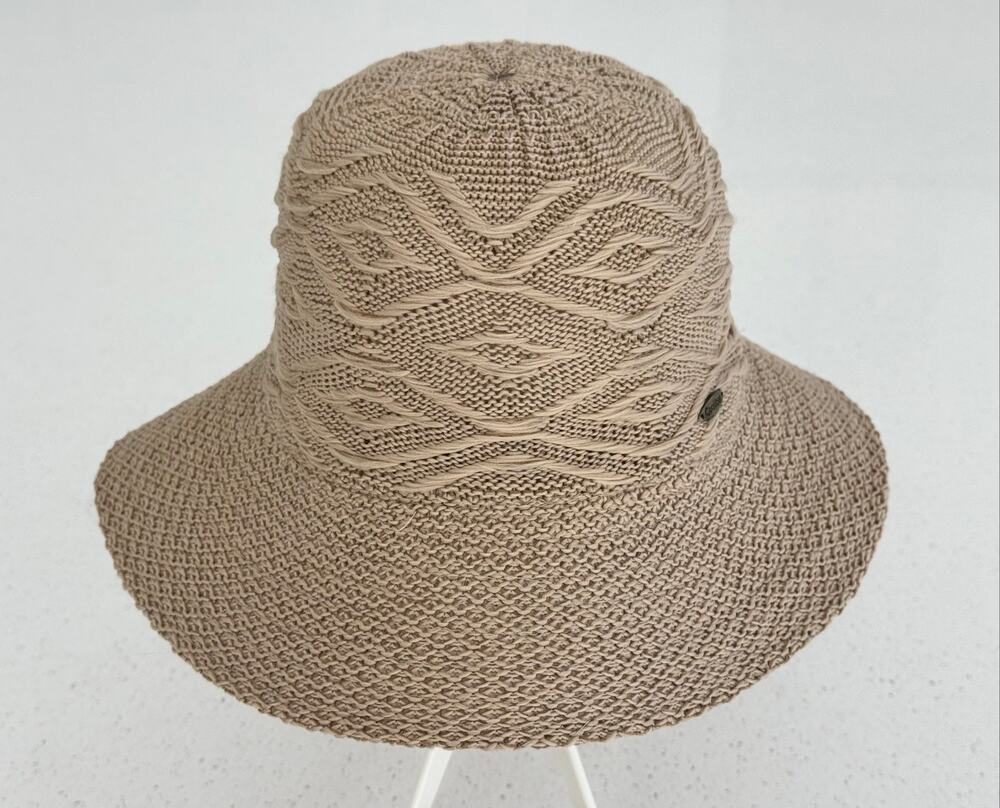 Coolibar Tan Knit Summer Sun Hat UPF 50+ Wide Brim Packable Boho Travel Hat